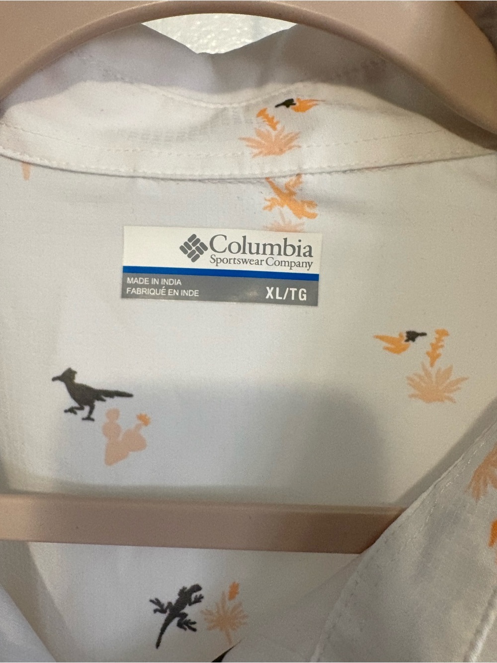 Columbia woman’s White Printed Button-Up Shirt - Subtle khaki and peach pattern.